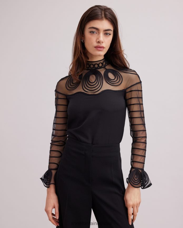 ملابس عبد اللطيف Anne Fontaine نحيف بلوزة شايلين بلوزة حريرية بأكمام طويلة وأساور مكشكشة أسود T622DL166