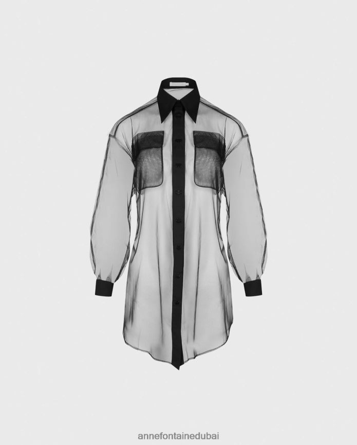 ملابس عبد اللطيف Anne Fontaine نحيف قميص برازيليا قميص شفاف كبير الحجم مع جيوب أمامية بقلاب أسود T622DL170