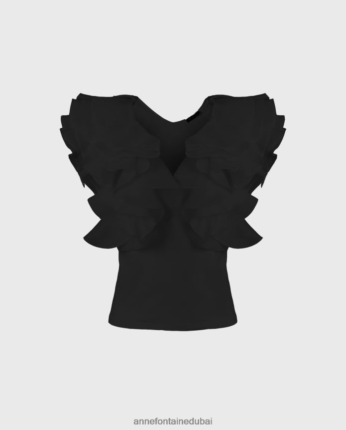 ملابس عبد اللطيف Anne Fontaine نحيف بلوزة ناتالينا، قميص بيما جيرسي بأكمام من الأورجانزا المنتفخة أسود T622DL171