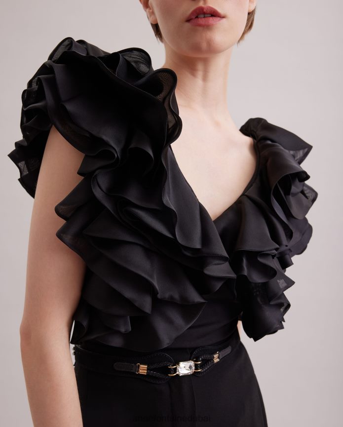 ملابس عبد اللطيف Anne Fontaine نحيف بلوزة ناتالينا، قميص بيما جيرسي بأكمام من الأورجانزا المنتفخة أسود T622DL171