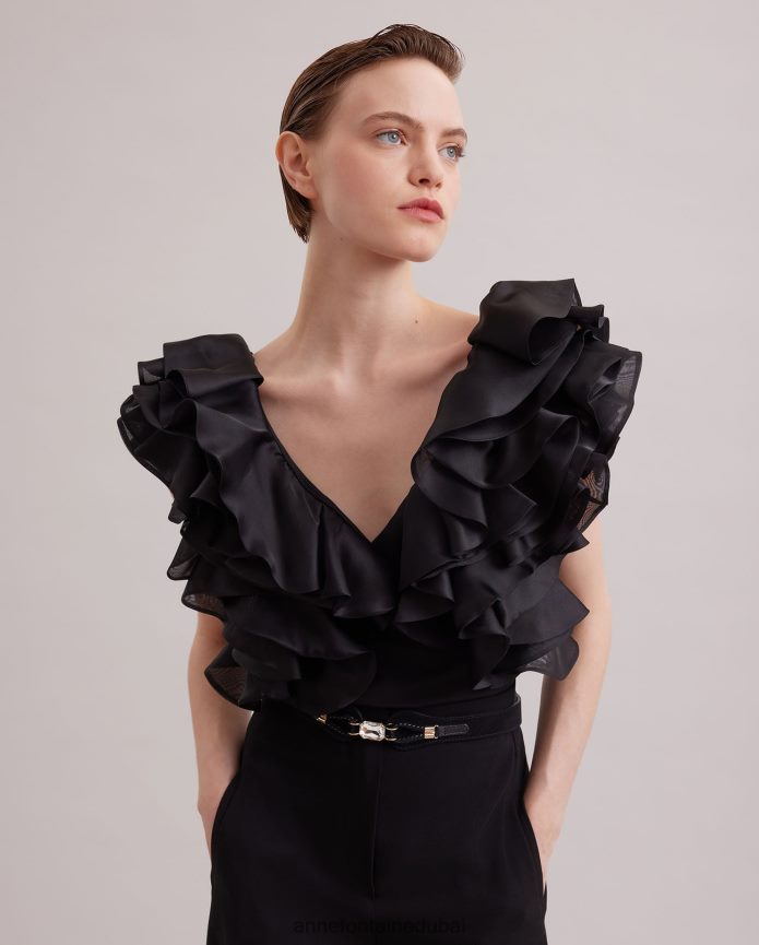 ملابس عبد اللطيف Anne Fontaine نحيف بلوزة ناتالينا، قميص بيما جيرسي بأكمام من الأورجانزا المنتفخة أسود T622DL171