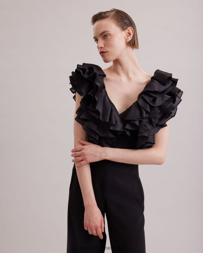ملابس عبد اللطيف Anne Fontaine نحيف بلوزة ناتالينا، قميص بيما جيرسي بأكمام من الأورجانزا المنتفخة أسود T622DL171