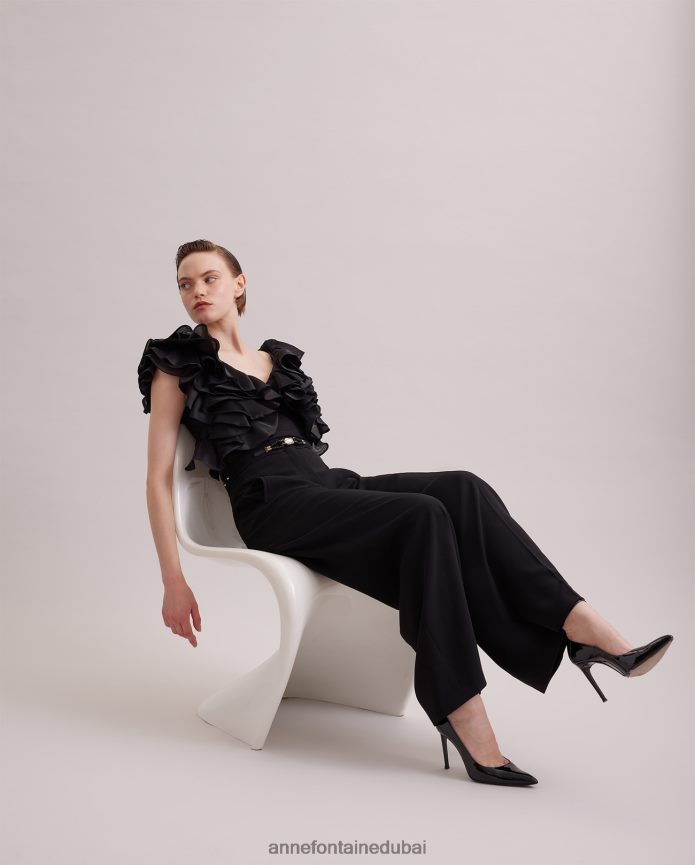 ملابس عبد اللطيف Anne Fontaine نحيف بلوزة ناتالينا، قميص بيما جيرسي بأكمام من الأورجانزا المنتفخة أسود T622DL171