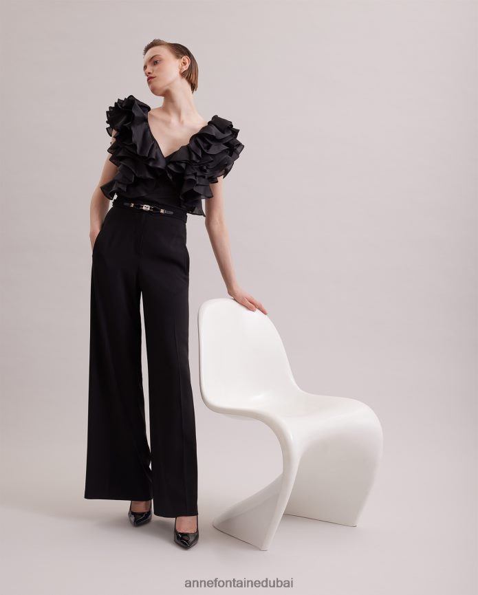 ملابس عبد اللطيف Anne Fontaine نحيف بلوزة ناتالينا، قميص بيما جيرسي بأكمام من الأورجانزا المنتفخة أسود T622DL171