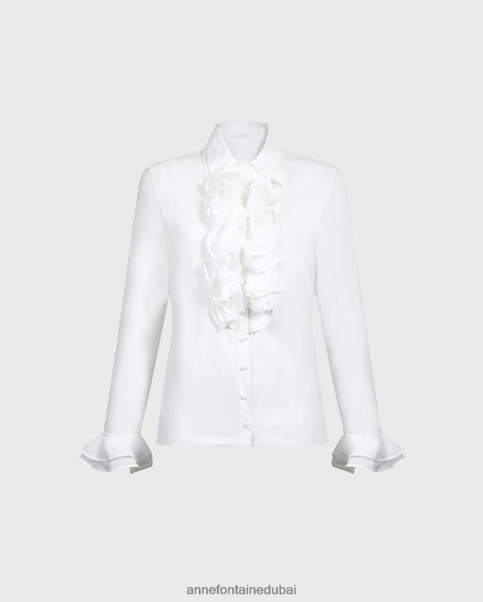 ملابس عبد اللطيف Anne Fontaine نحيف قميص باتسي بياقة مزدوجة وقميص جيرسي بيما مكشكش أبيض T622DL172