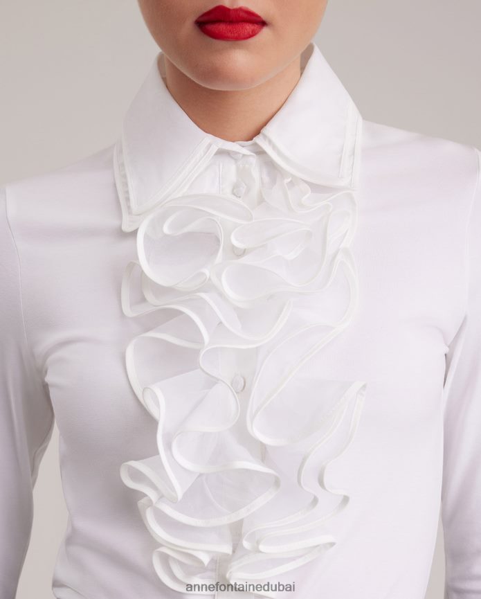 ملابس عبد اللطيف Anne Fontaine نحيف قميص باتسي بياقة مزدوجة وقميص جيرسي بيما مكشكش أبيض T622DL172