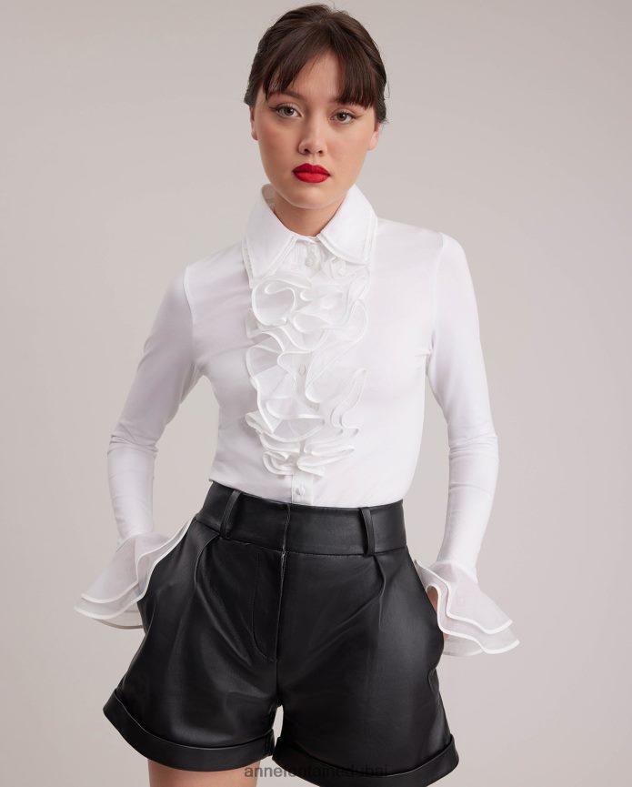 ملابس عبد اللطيف Anne Fontaine نحيف قميص باتسي بياقة مزدوجة وقميص جيرسي بيما مكشكش أبيض T622DL172