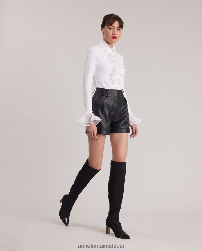 ملابس عبد اللطيف Anne Fontaine نحيف قميص باتسي بياقة مزدوجة وقميص جيرسي بيما مكشكش أبيض T622DL172