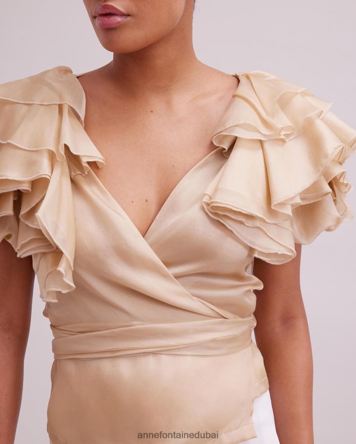 ملابس عبد اللطيف Anne Fontaine نحيف بلوزة لوز من الأورجانزا الحريرية ملفوفة بأكمام كشكشة متعددة الطبقات اللون البيج T622DL173