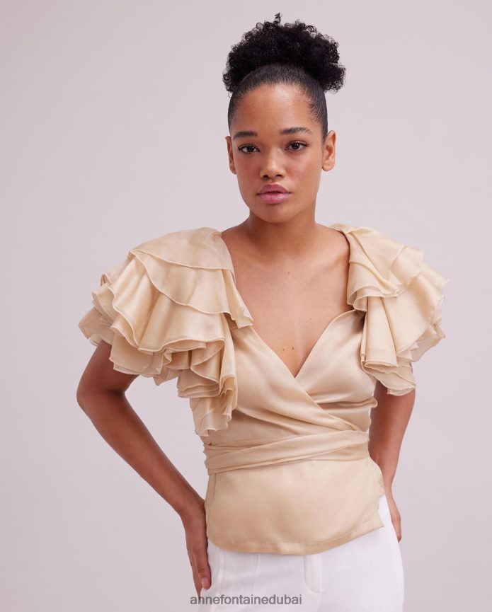 ملابس عبد اللطيف Anne Fontaine نحيف بلوزة لوز من الأورجانزا الحريرية ملفوفة بأكمام كشكشة متعددة الطبقات اللون البيج T622DL173