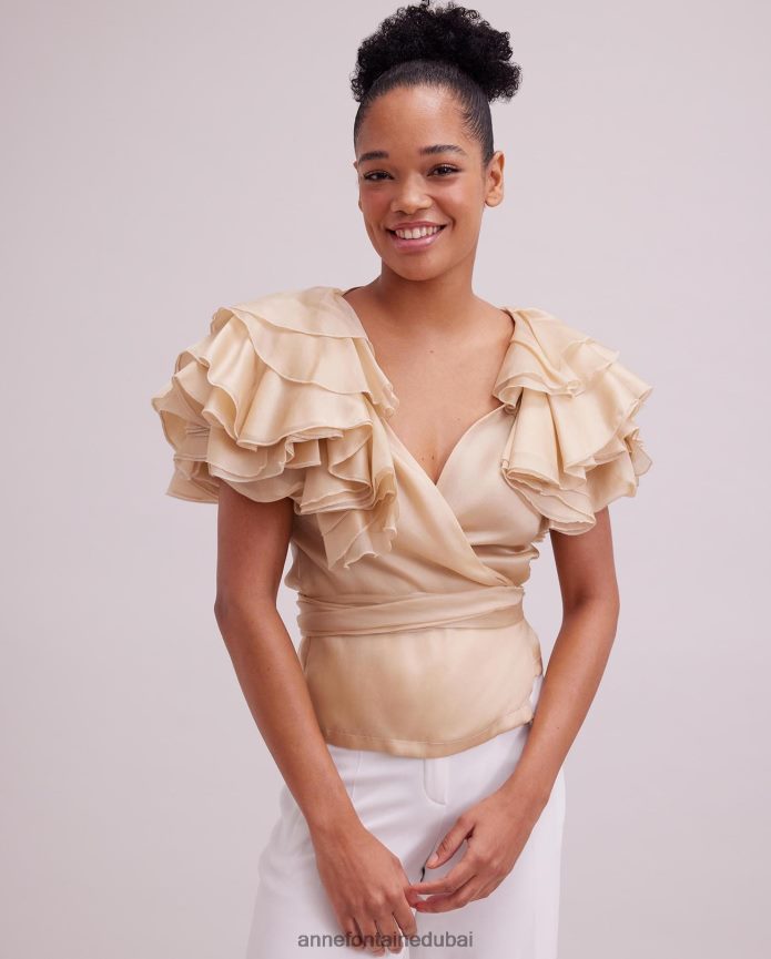 ملابس عبد اللطيف Anne Fontaine نحيف بلوزة لوز من الأورجانزا الحريرية ملفوفة بأكمام كشكشة متعددة الطبقات اللون البيج T622DL173