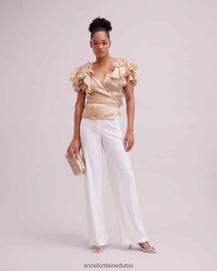 ملابس عبد اللطيف Anne Fontaine نحيف بلوزة لوز من الأورجانزا الحريرية ملفوفة بأكمام كشكشة متعددة الطبقات اللون البيج T622DL173