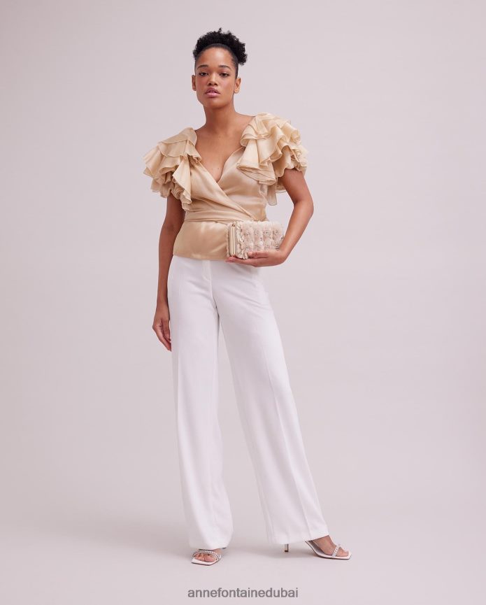 ملابس عبد اللطيف Anne Fontaine نحيف بلوزة لوز من الأورجانزا الحريرية ملفوفة بأكمام كشكشة متعددة الطبقات اللون البيج T622DL173