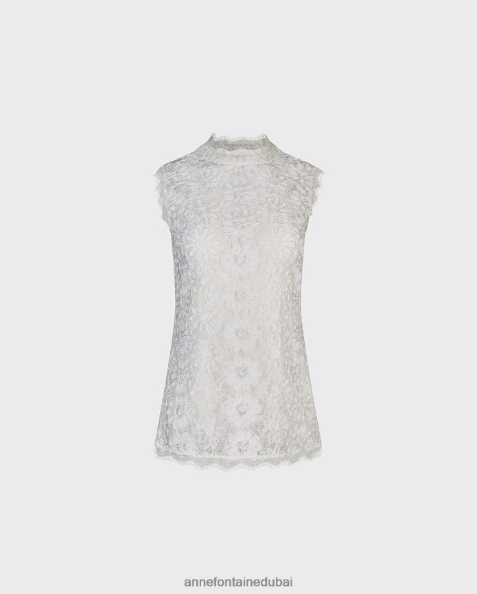 ملابس عبد اللطيف Anne Fontaine نحيف بلوزة فولينا من الدانتيل المطرز بالزهور مع تفاصيل زخرفة الرموش أبيض T622DL175