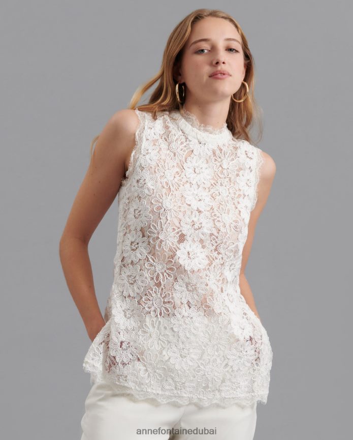 ملابس عبد اللطيف Anne Fontaine نحيف بلوزة فولينا من الدانتيل المطرز بالزهور مع تفاصيل زخرفة الرموش أبيض T622DL175