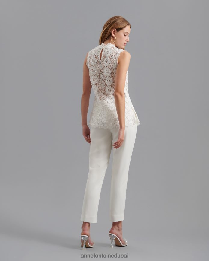 ملابس عبد اللطيف Anne Fontaine نحيف بلوزة فولينا من الدانتيل المطرز بالزهور مع تفاصيل زخرفة الرموش أبيض T622DL175