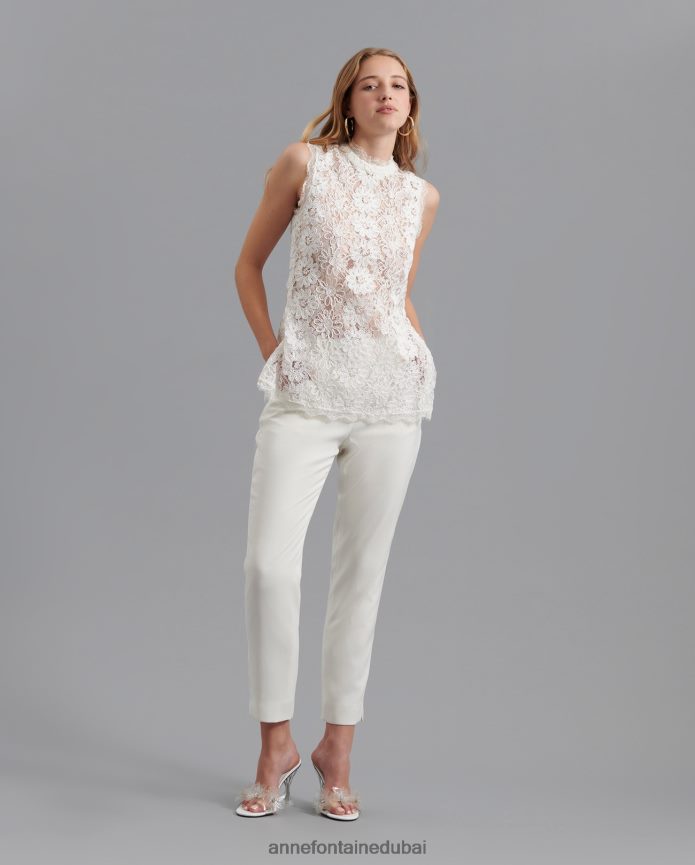 ملابس عبد اللطيف Anne Fontaine نحيف بلوزة فولينا من الدانتيل المطرز بالزهور مع تفاصيل زخرفة الرموش أبيض T622DL175