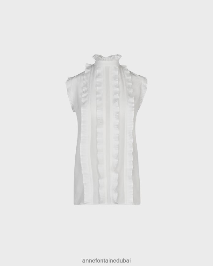 ملابس عبد اللطيف Anne Fontaine نحيف بلوزة فيني بأكمام قصيرة من الحرير مع ثنيات الأكورديون أبيض T622DL176