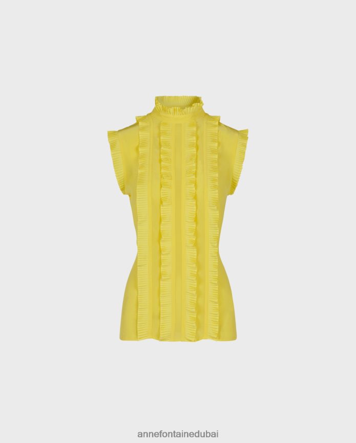 ملابس عبد اللطيف Anne Fontaine نحيف بلوزة فيني حريرية مع ثنيات أصفر T622DL177
