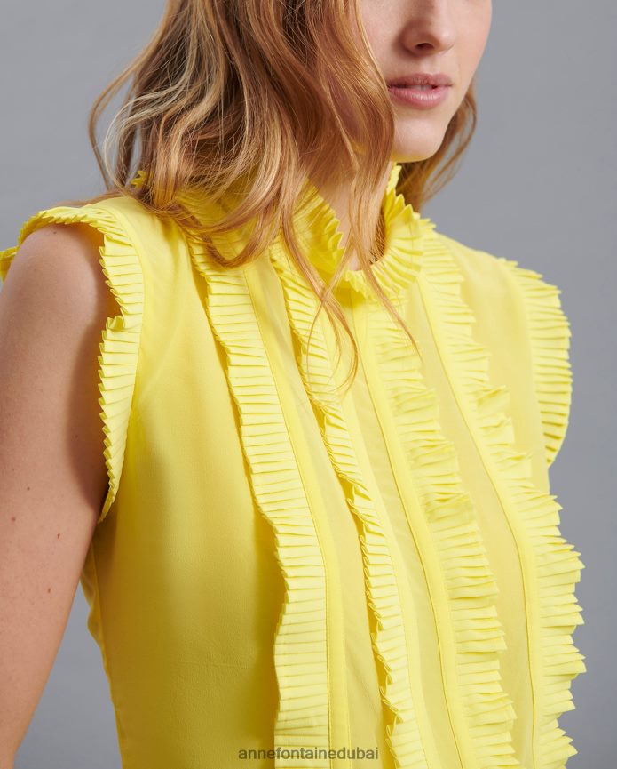 ملابس عبد اللطيف Anne Fontaine نحيف بلوزة فيني حريرية مع ثنيات أصفر T622DL177
