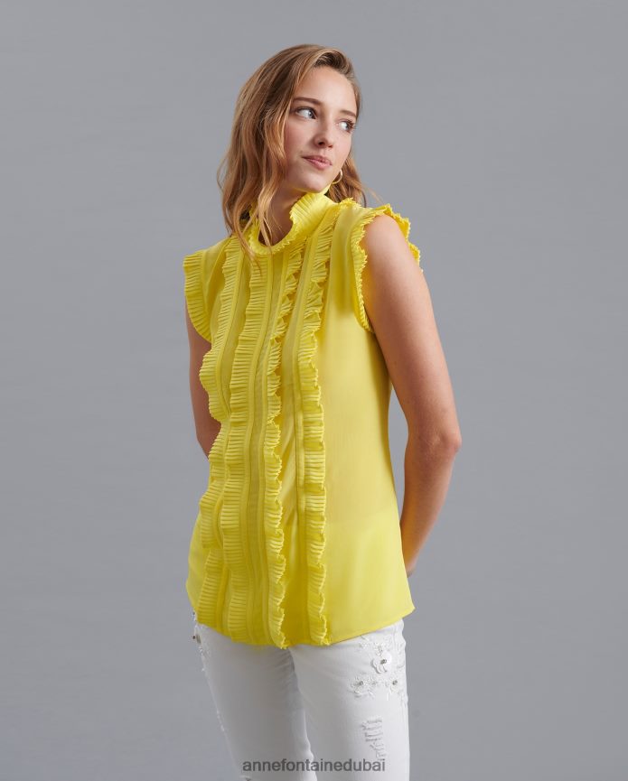ملابس عبد اللطيف Anne Fontaine نحيف بلوزة فيني حريرية مع ثنيات أصفر T622DL177