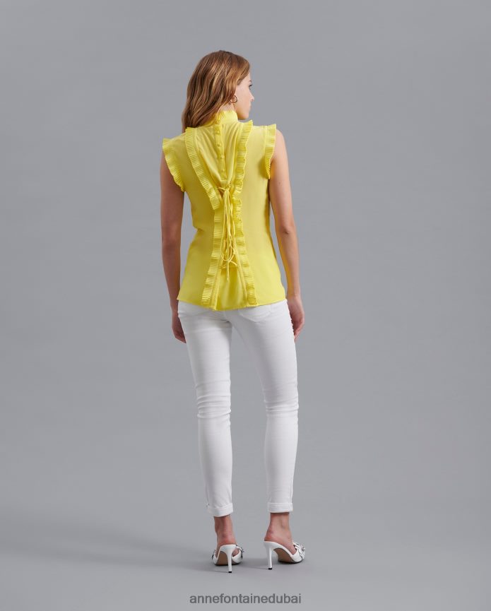 ملابس عبد اللطيف Anne Fontaine نحيف بلوزة فيني حريرية مع ثنيات أصفر T622DL177