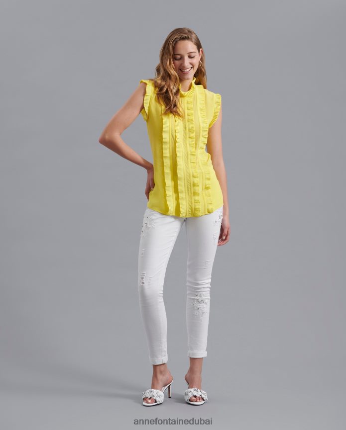ملابس عبد اللطيف Anne Fontaine نحيف بلوزة فيني حريرية مع ثنيات أصفر T622DL177