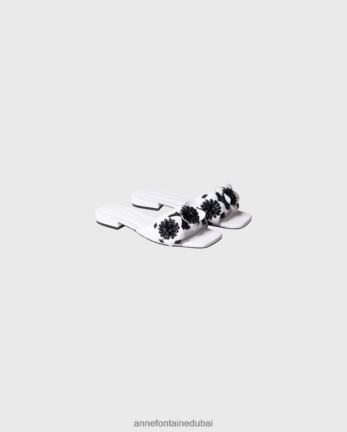 أحذية عبد اللطيف Anne Fontaine نحيف صندل كولورادو صندل مسطح من الجلد مع زهور ثلاثية الأبعاد أبيض T622DL18