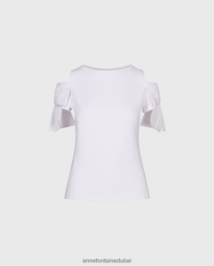 ملابس عبد اللطيف Anne Fontaine نحيف بلوزة ميرتيل من قطن الجيرسي مع أكتاف باردة وتفاصيل فيونكة أبيض T622DL181
