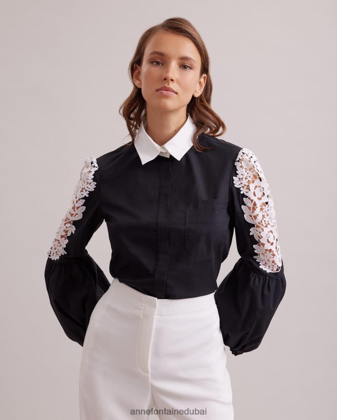 ملابس عبد اللطيف Anne Fontaine نحيف قميص لورا قميص بوبلين مع تفاصيل تطريز زهور على الأكمام البالونية أسود T622DL183