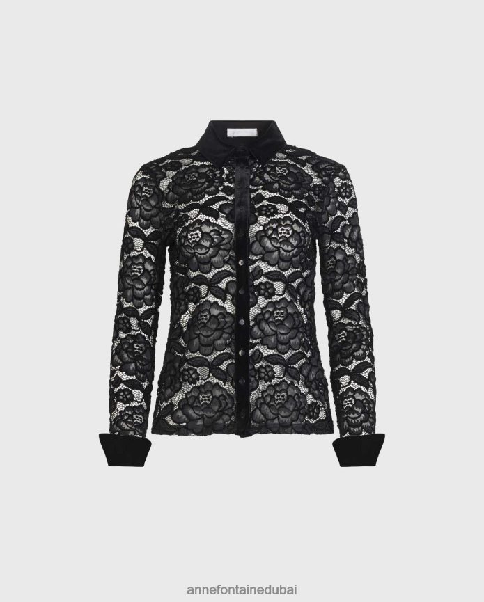 ملابس عبد اللطيف Anne Fontaine نحيف قميص سالينجر قميص دانتيل بأكمام طويلة مع تفاصيل مخملية أسود T622DL186