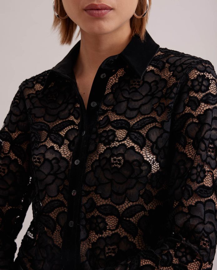ملابس عبد اللطيف Anne Fontaine نحيف قميص سالينجر قميص دانتيل بأكمام طويلة مع تفاصيل مخملية أسود T622DL186