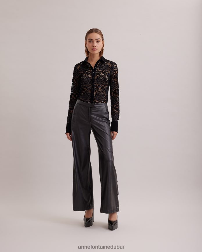 ملابس عبد اللطيف Anne Fontaine نحيف قميص سالينجر قميص دانتيل بأكمام طويلة مع تفاصيل مخملية أسود T622DL186