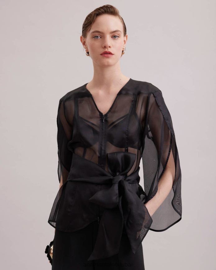 ملابس عبد اللطيف Anne Fontaine نحيف بلوزة فاخرة بأكمام طويلة بلوزة شفافة بأكمام بتلات أسود T622DL189