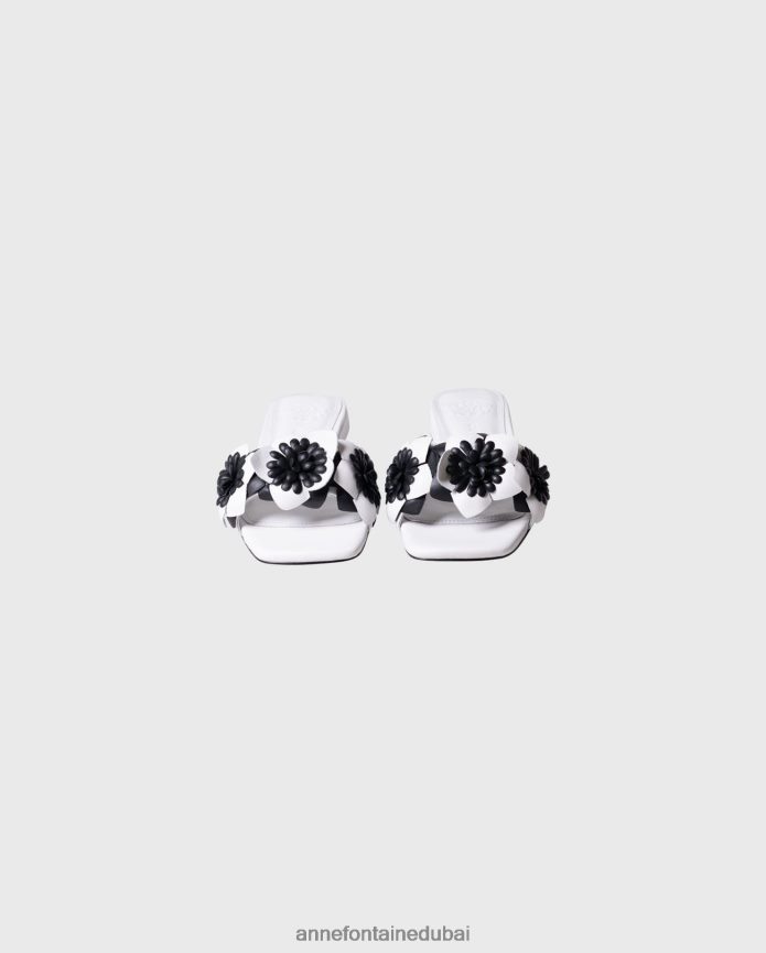 أحذية عبد اللطيف Anne Fontaine نحيف صندل كولورادو صندل مسطح من الجلد مع زهور ثلاثية الأبعاد أبيض T622DL18