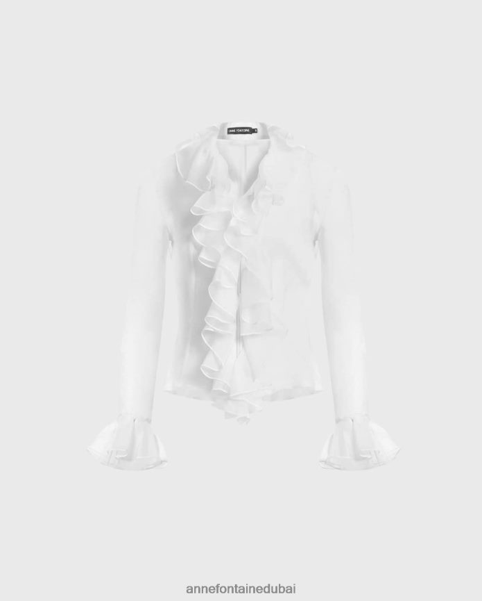 ملابس عبد اللطيف Anne Fontaine نحيف بلوزة بيبيتا قميص حريري بأكمام طويلة مع كشكشة مزدوجة أسود T622DL194