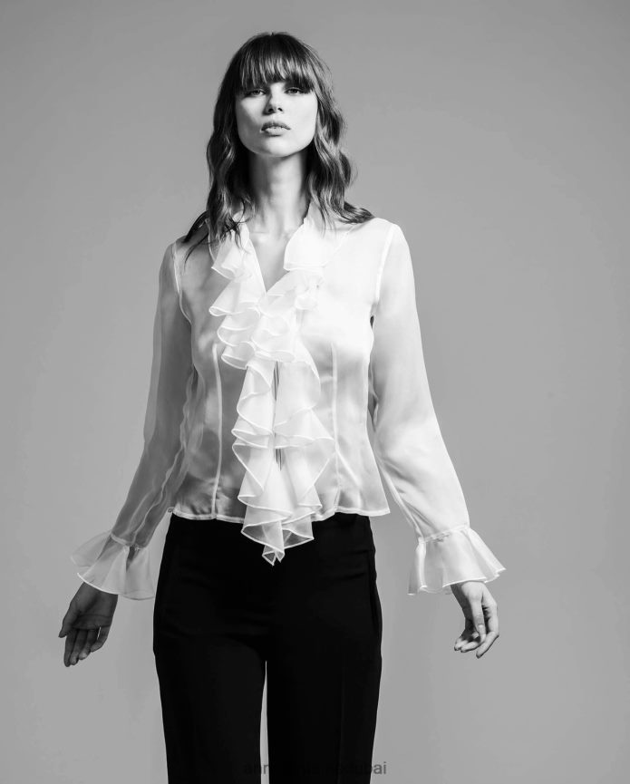 ملابس عبد اللطيف Anne Fontaine نحيف بلوزة بيبيتا قميص حريري بأكمام طويلة مع كشكشة مزدوجة أسود T622DL194