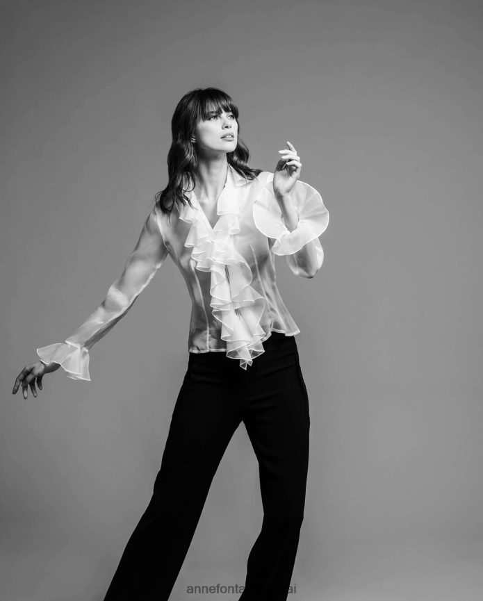 ملابس عبد اللطيف Anne Fontaine نحيف بلوزة بيبيتا قميص حريري بأكمام طويلة مع كشكشة مزدوجة أسود T622DL194