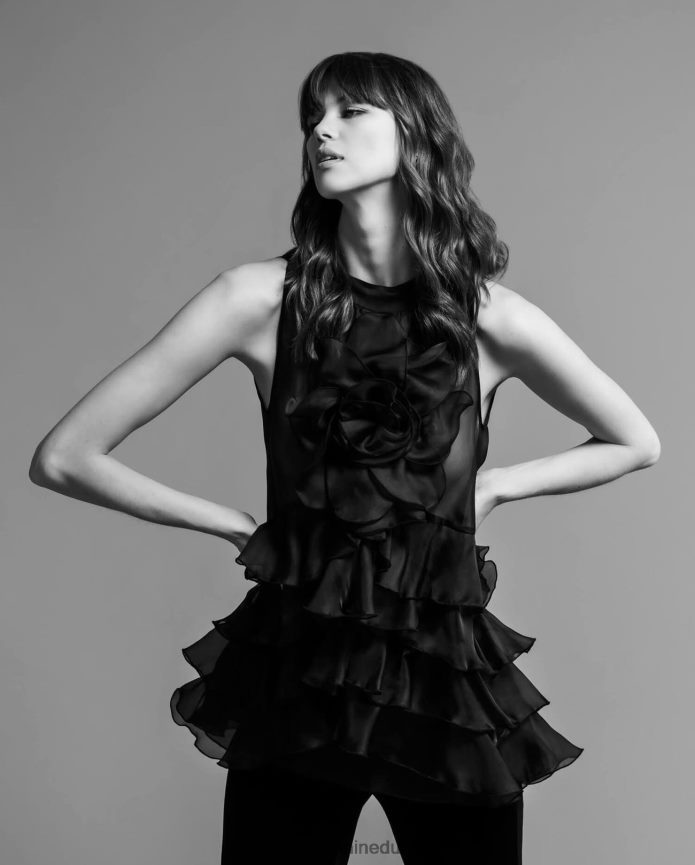 ملابس عبد اللطيف Anne Fontaine نحيف بلوزة أوبري بلا أكمام مصنوعة من الأورجانزا الحريري متعدد الطبقات أسود T622DL195