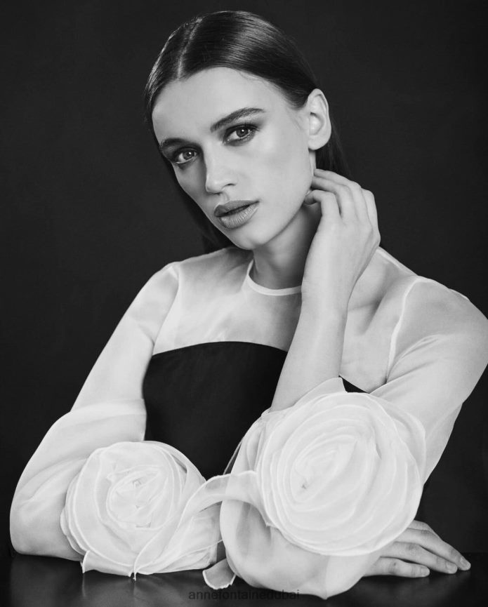 ملابس عبد اللطيف Anne Fontaine نحيف بلوزة ربيعية وبلوزة حريرية معززة بالورود في الجزء السفلي من الأكمام المنتفخة أسود/أبيض T622DL196