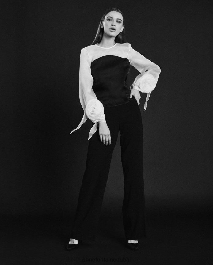 ملابس عبد اللطيف Anne Fontaine نحيف بلوزة ربيعية وبلوزة حريرية معززة بالورود في الجزء السفلي من الأكمام المنتفخة أسود/أبيض T622DL196