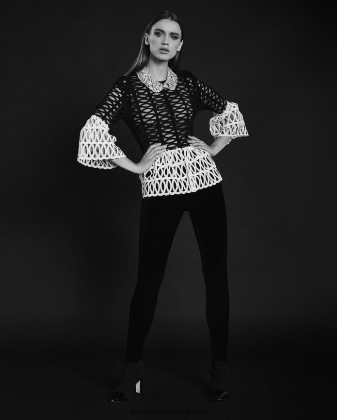 ملابس عبد اللطيف Anne Fontaine نحيف بلوزة مايوكو بلوزة بيبلوم شبكية هندسية أسود/أبيض T622DL197