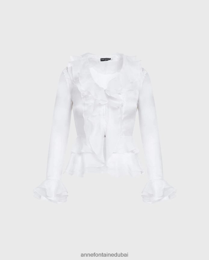 ملابس عبد اللطيف Anne Fontaine نحيف بلوزة سادي قميص الأورجانزا الحريري مزين بالكشكشة أبيض T622DL198