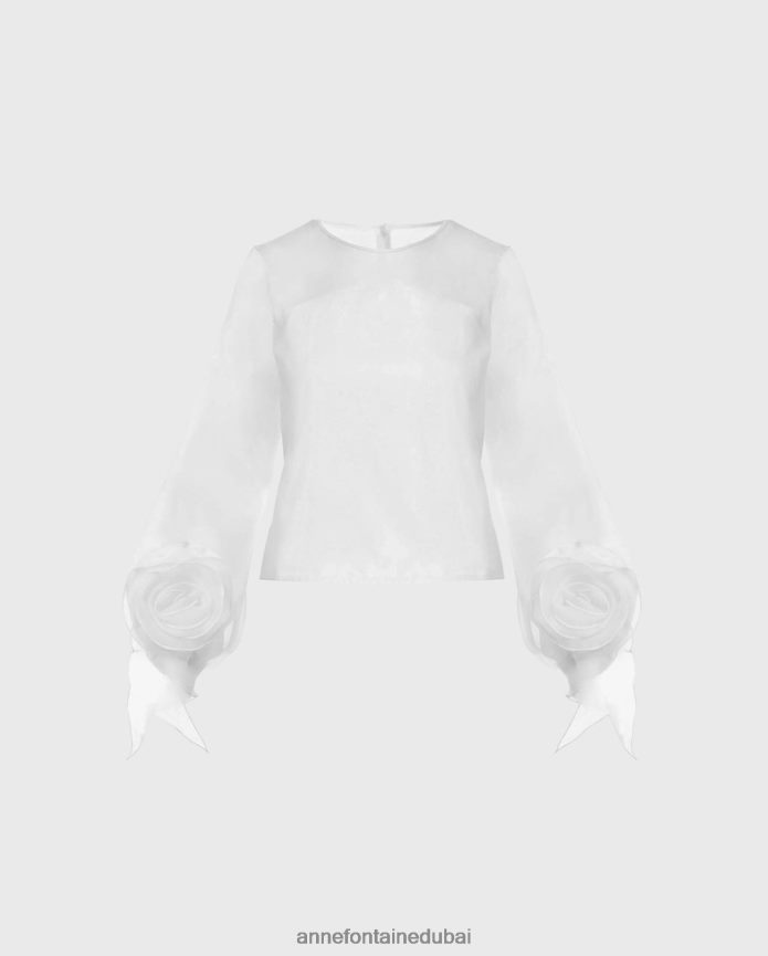 ملابس عبد اللطيف Anne Fontaine نحيف بلوزة ربيعية بأكمام طويلة من الأورجانزا الحريرية أبيض T622DL199