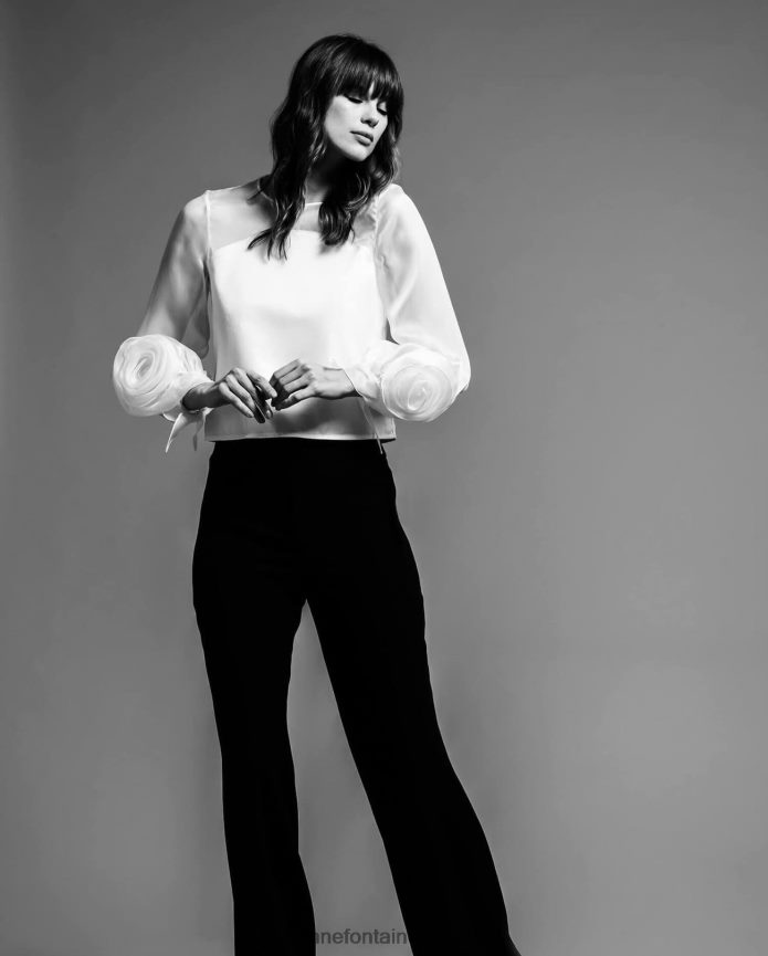 ملابس عبد اللطيف Anne Fontaine نحيف بلوزة ربيعية بأكمام طويلة من الأورجانزا الحريرية أبيض T622DL199