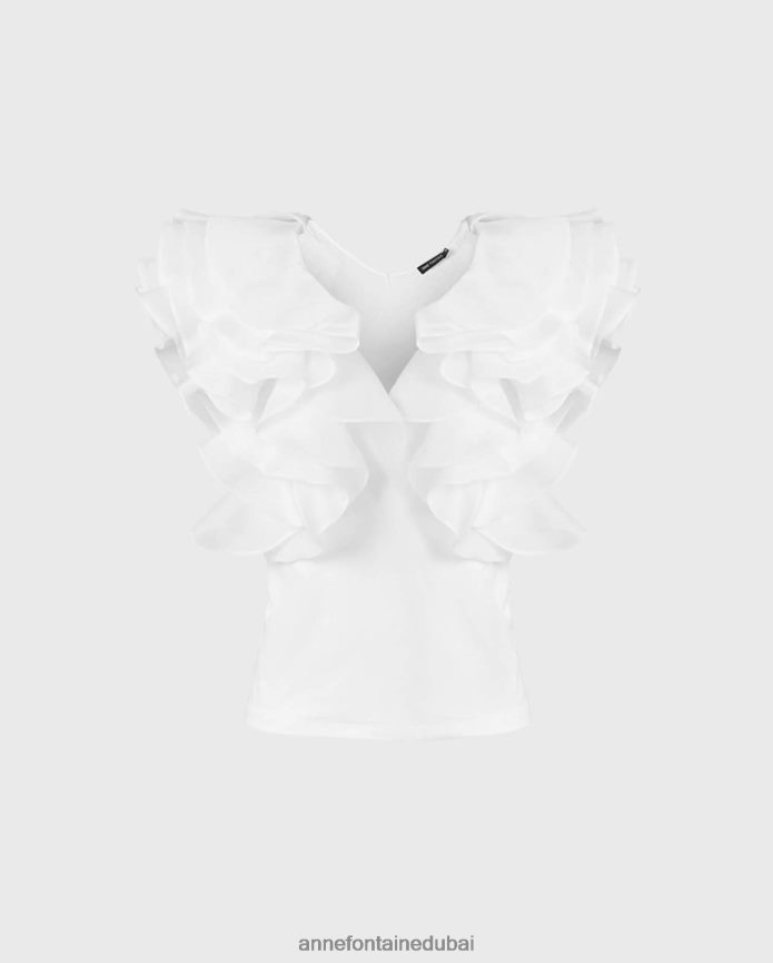ملابس عبد اللطيف Anne Fontaine نحيف بلوزة ناتالينا، قميص بيما جيرسي بأكمام من الأورجانزا المنتفخة أبيض T622DL201