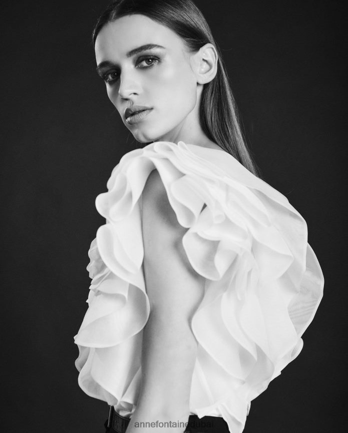 ملابس عبد اللطيف Anne Fontaine نحيف بلوزة ناتالينا، قميص بيما جيرسي بأكمام من الأورجانزا المنتفخة أبيض T622DL201