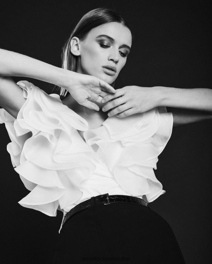 ملابس عبد اللطيف Anne Fontaine نحيف بلوزة ناتالينا، قميص بيما جيرسي بأكمام من الأورجانزا المنتفخة أبيض T622DL201