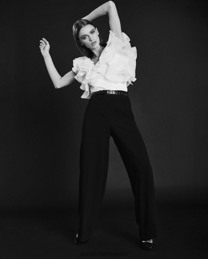 ملابس عبد اللطيف Anne Fontaine نحيف بلوزة ناتالينا، قميص بيما جيرسي بأكمام من الأورجانزا المنتفخة أبيض T622DL201