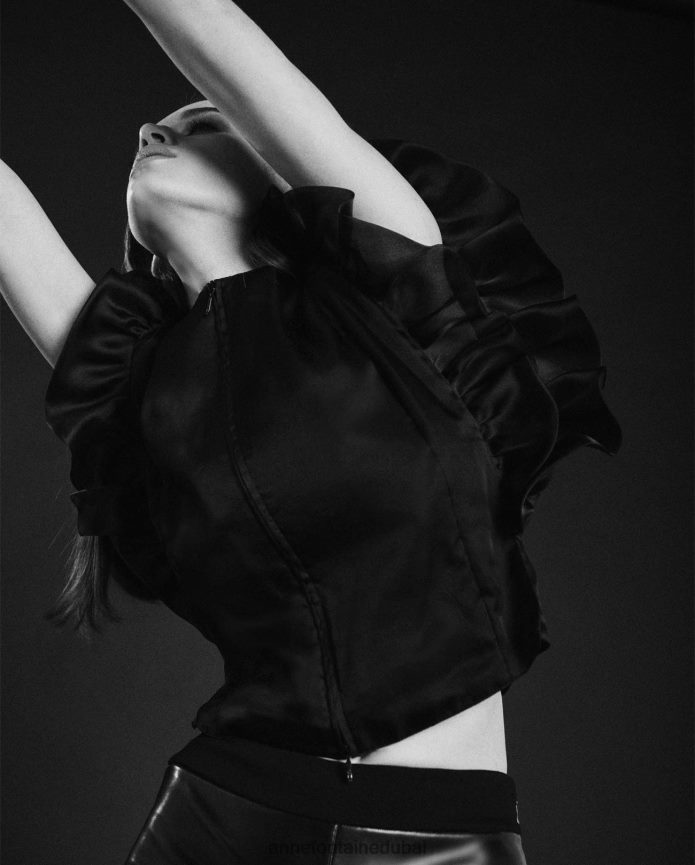 ملابس عبد اللطيف Anne Fontaine نحيف بلوزة من البورسلين وقميص حريري بدون أكمام مزين بتفاصيل مكشكشة أسود T622DL204